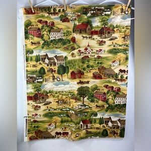 Vintage 1980’s Colonial Style Farm Town Fabric By Bloomcraft Screen Print Rare
